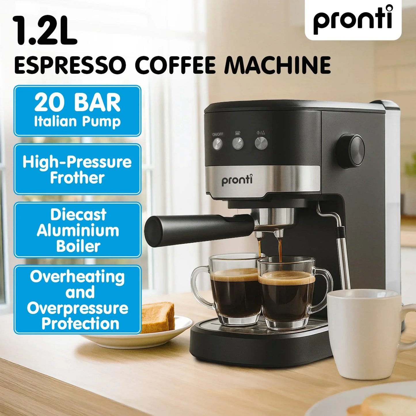 Pronti Breakfast Set - Rose Gold Kettle, Toaster & 1.2L Espresso Machine - Black