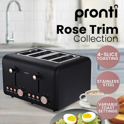 Pronti Breakfast Set - Rose Gold Kettle, Toaster & 1.2L Espresso Machine - Black