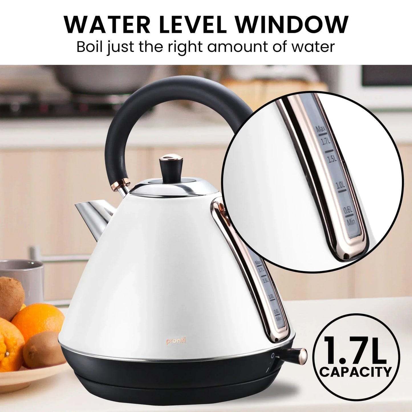 Pronti Breakfast Set - Rose Gold Kettle, Toaster & 1.2L Espresso Machine - White