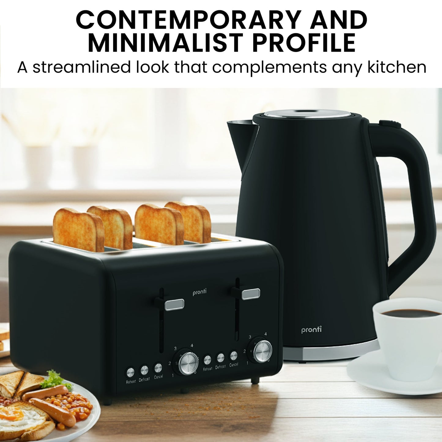 Pronti Silver Noir 4-Slice Toaster & Kettle Bundle 1.7L 2200W STRIX