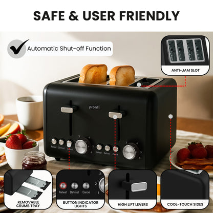 Pronti Silver Noir 4-Slice Toaster & Kettle Bundle 1.7L 2200W STRIX