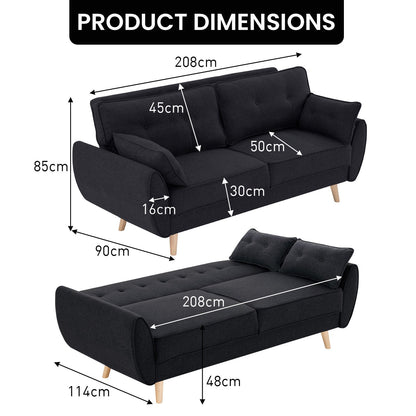 Sarantino 3-Seater Linen Sofa Bed | Black