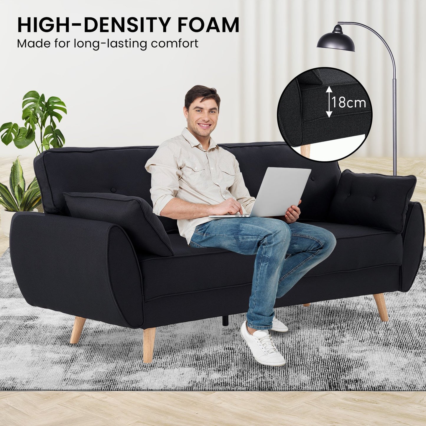 Sarantino 3-Seater Linen Sofa Bed | Black