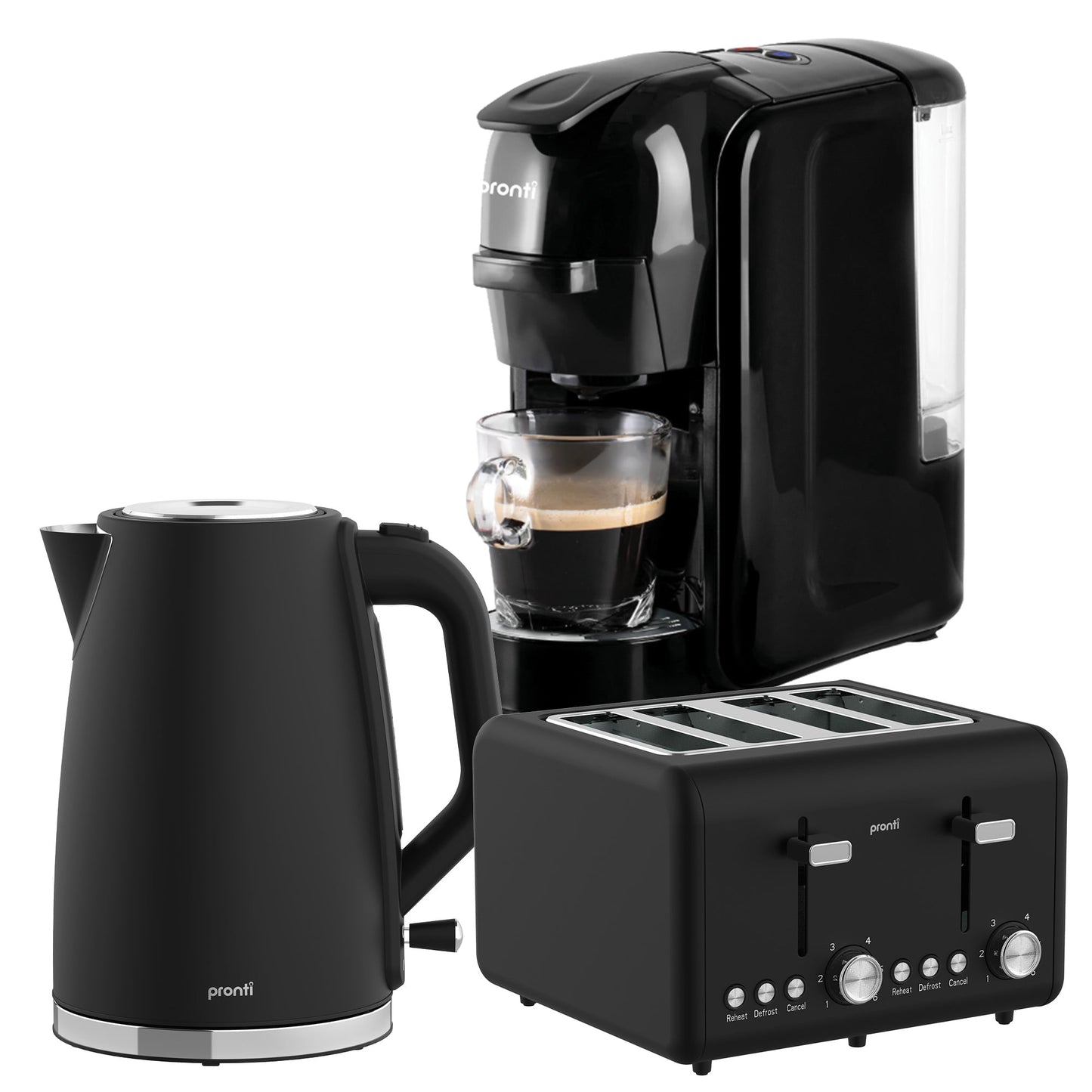 Pronti Silver Noir Breakfast Set HomeMaid 3-in-1 Coffee Machine + 1.7L Kettle + 4-Slice Toaster