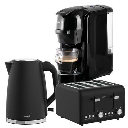 Pronti Silver Noir Breakfast Set HomeMaid 3-in-1 Coffee Machine + 1.7L Kettle + 4-Slice Toaster