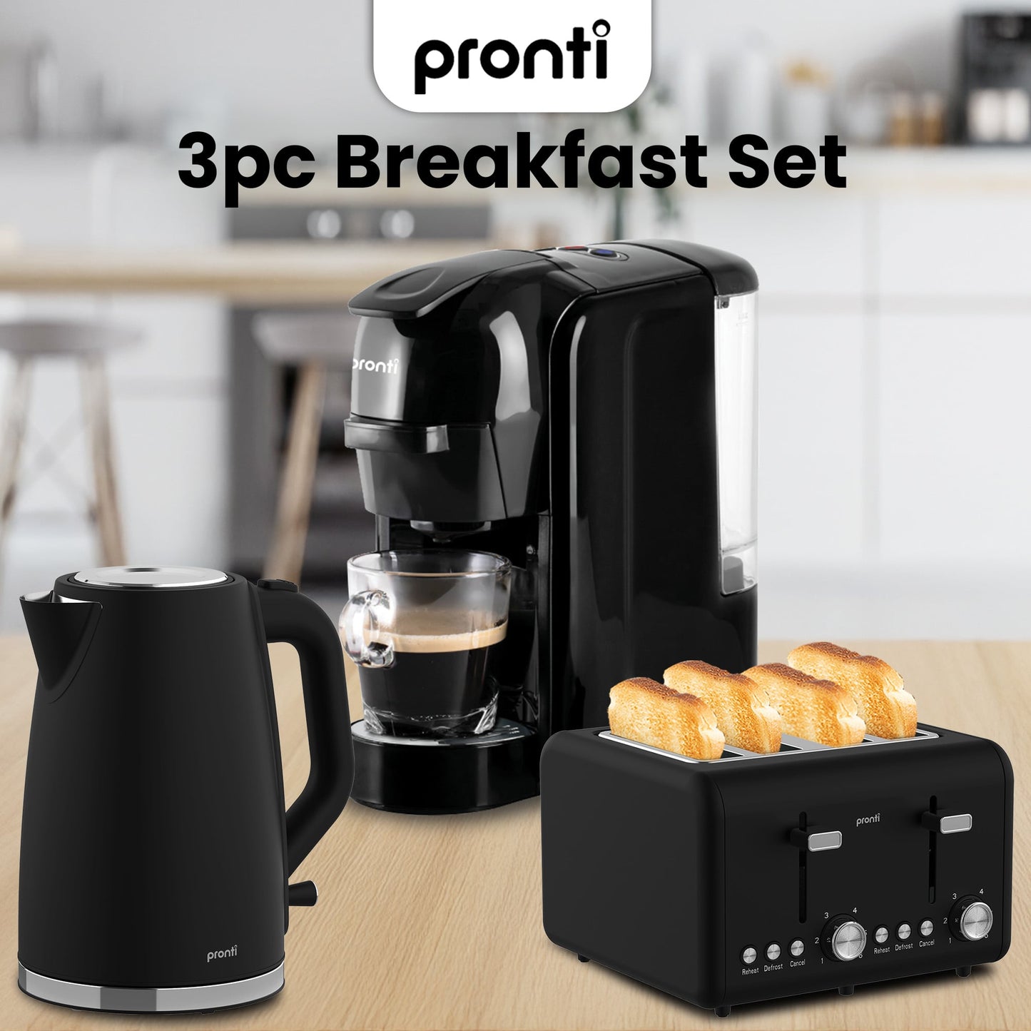 Pronti Silver Noir Breakfast Set HomeMaid 3-in-1 Coffee Machine + 1.7L Kettle + 4-Slice Toaster