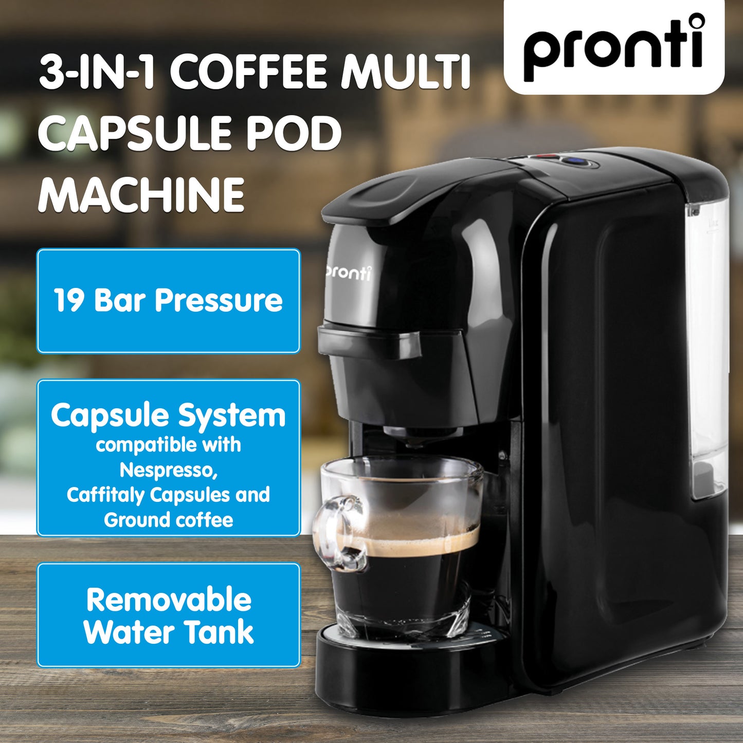 Pronti Silver Noir Breakfast Set HomeMaid 3-in-1 Coffee Machine + 1.7L Kettle + 4-Slice Toaster