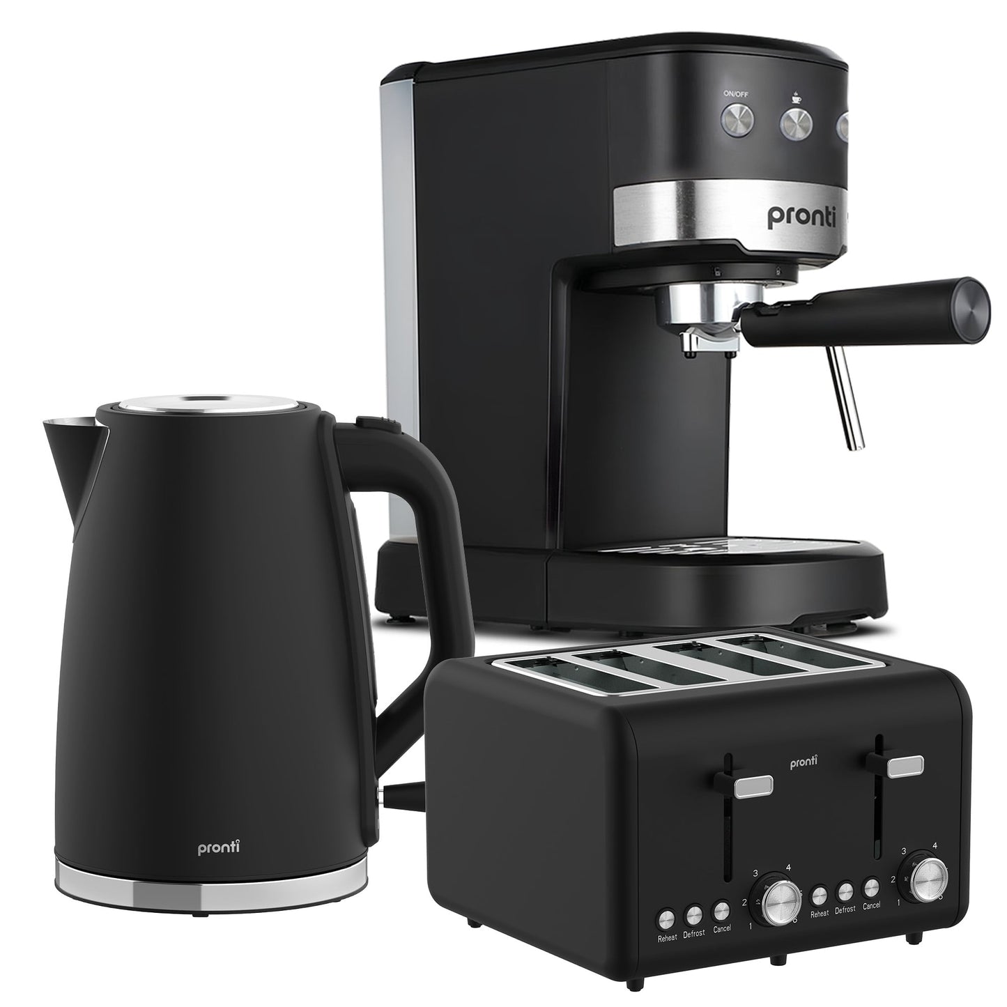 Pronti Silver Noir Breakfast Set Espresso Machine 20 Bar + 1.7L Kettle + 4-Slice Toaster