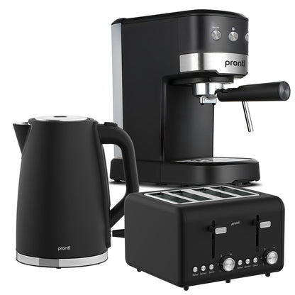 Pronti Silver Noir Breakfast Set Espresso Machine 20 Bar + 1.7L Kettle + 4-Slice Toaster