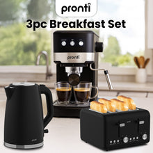 Pronti Silver Noir Breakfast Set Espresso Machine 20 Bar + 1.7L Kettle + 4-Slice Toaster