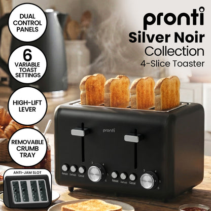 Pronti Silver Noir Breakfast Set Espresso Machine 20 Bar + 1.7L Kettle + 4-Slice Toaster