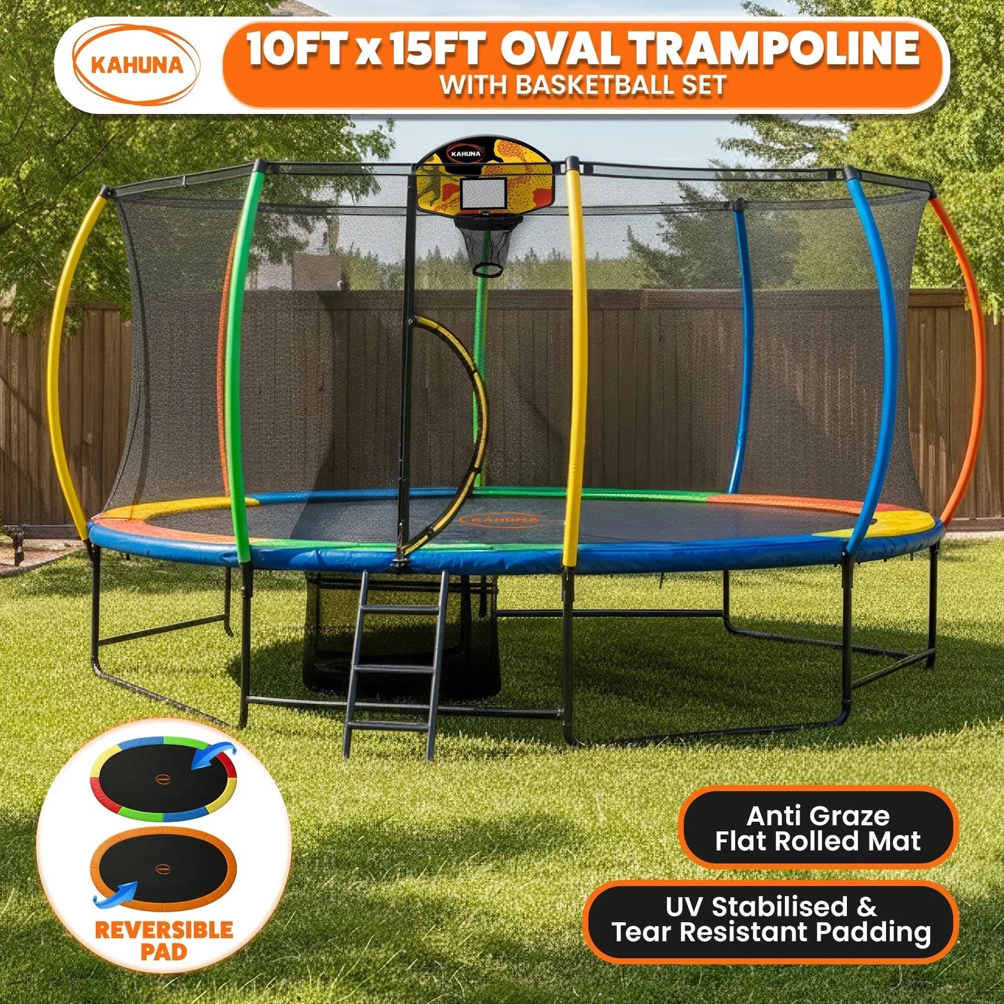 Kahuna 10x15ft Oval Trampoline Basketball Set Rainbow Net Ladder