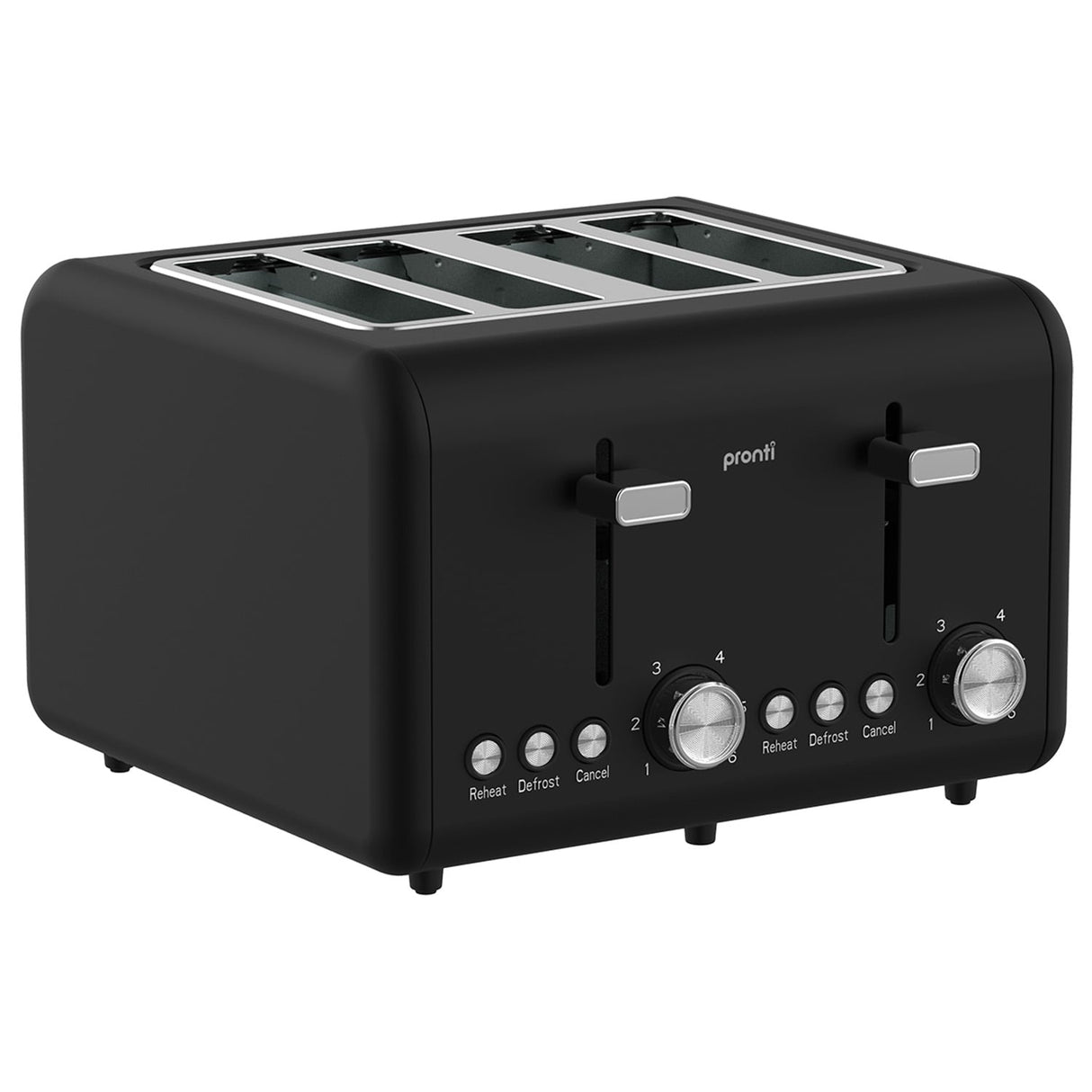 Pronti Silver Noir 4-Slice Toaster Dual Controls 6 Browning Levels Wide Slots 1560W