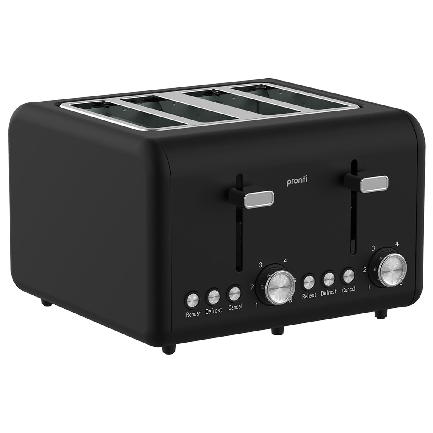 Pronti Silver Noir 4-Slice Toaster Dual Controls 6 Browning Levels Wide Slots 1560W