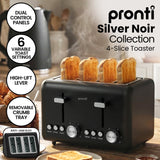 Pronti Silver Noir 4-Slice Toaster Dual Controls 6 Browning Levels Wide Slots 1560W