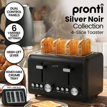 Pronti Silver Noir 4-Slice Toaster Dual Controls 6 Browning Levels Wide Slots 1560W