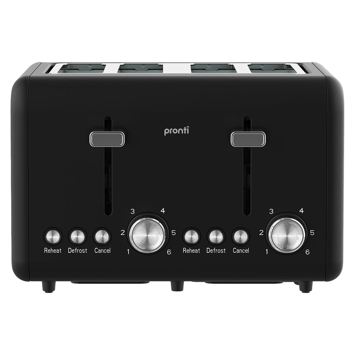 Pronti Silver Noir 4-Slice Toaster Dual Controls 6 Browning Levels Wide Slots 1560W
