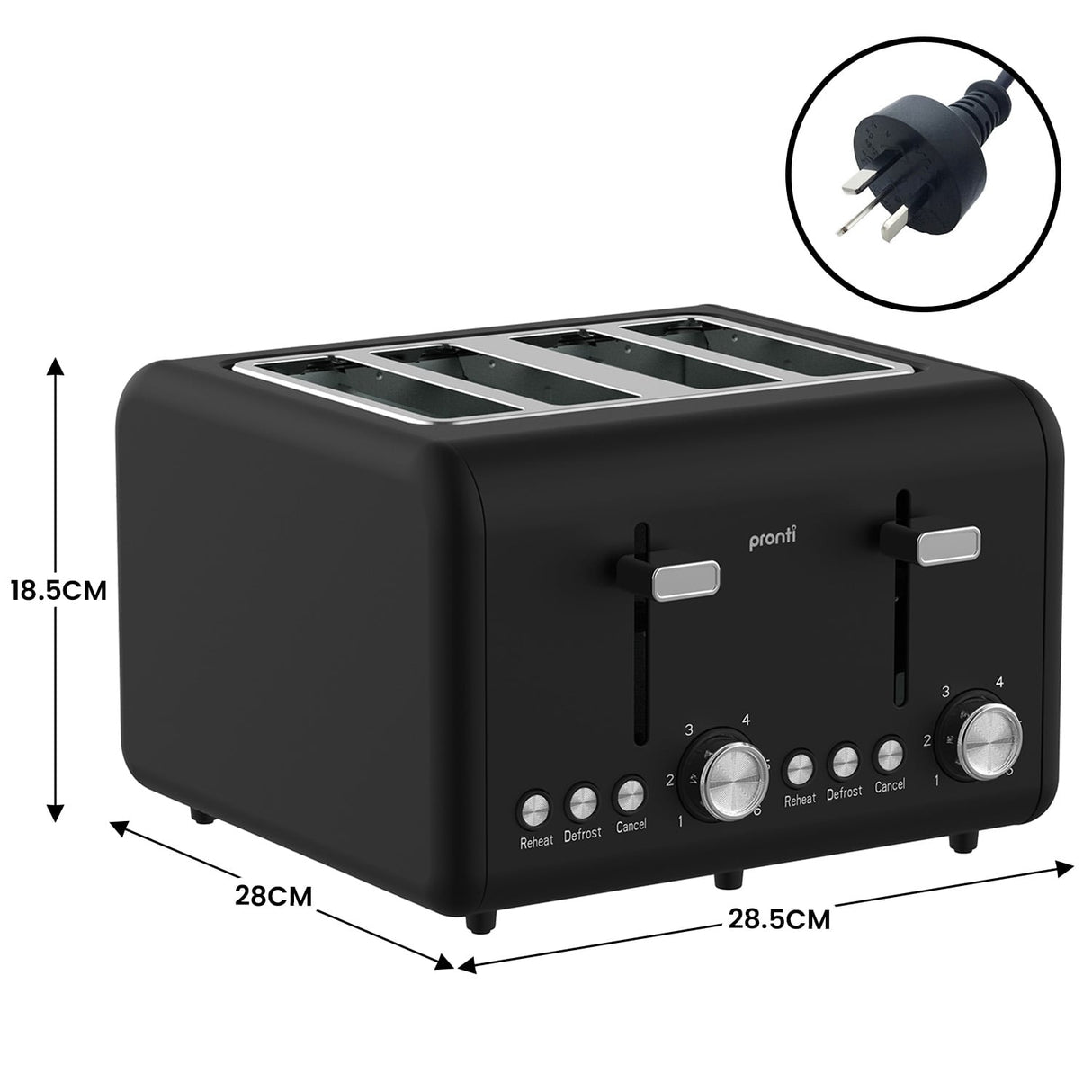 Pronti Silver Noir 4-Slice Toaster Dual Controls 6 Browning Levels Wide Slots 1560W