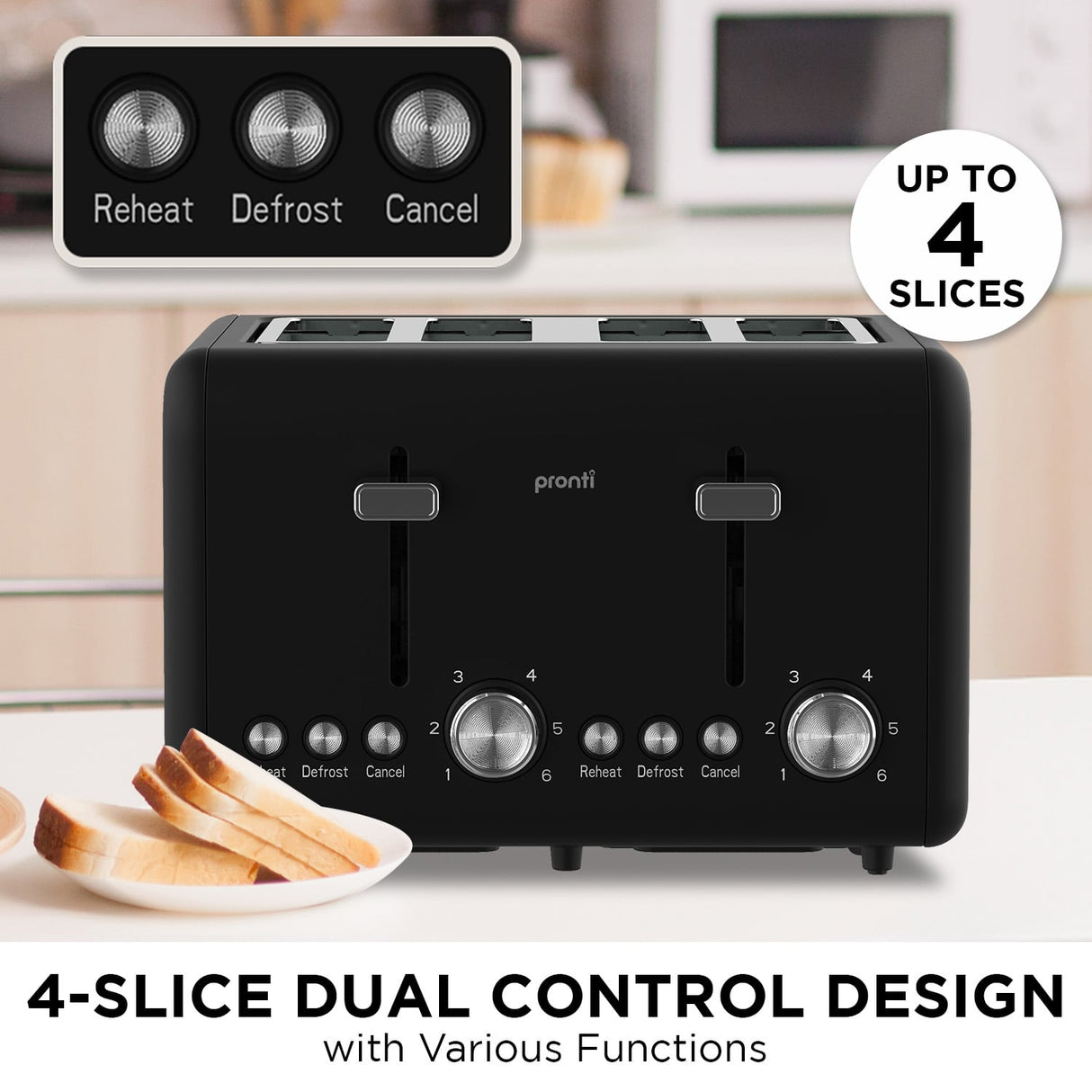 Pronti Silver Noir 4-Slice Toaster Dual Controls 6 Browning Levels Wide Slots 1560W
