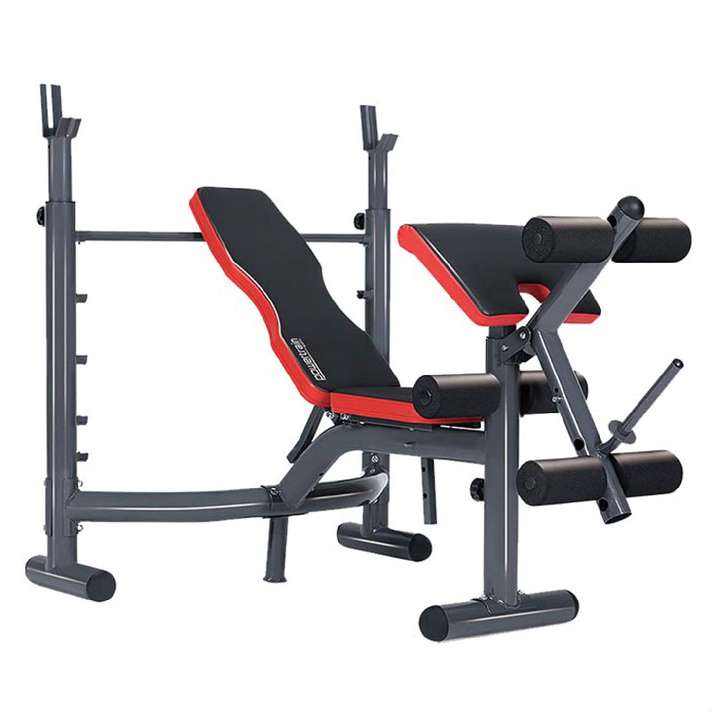 Adjustable weight bench with red and black padding for home gym workouts