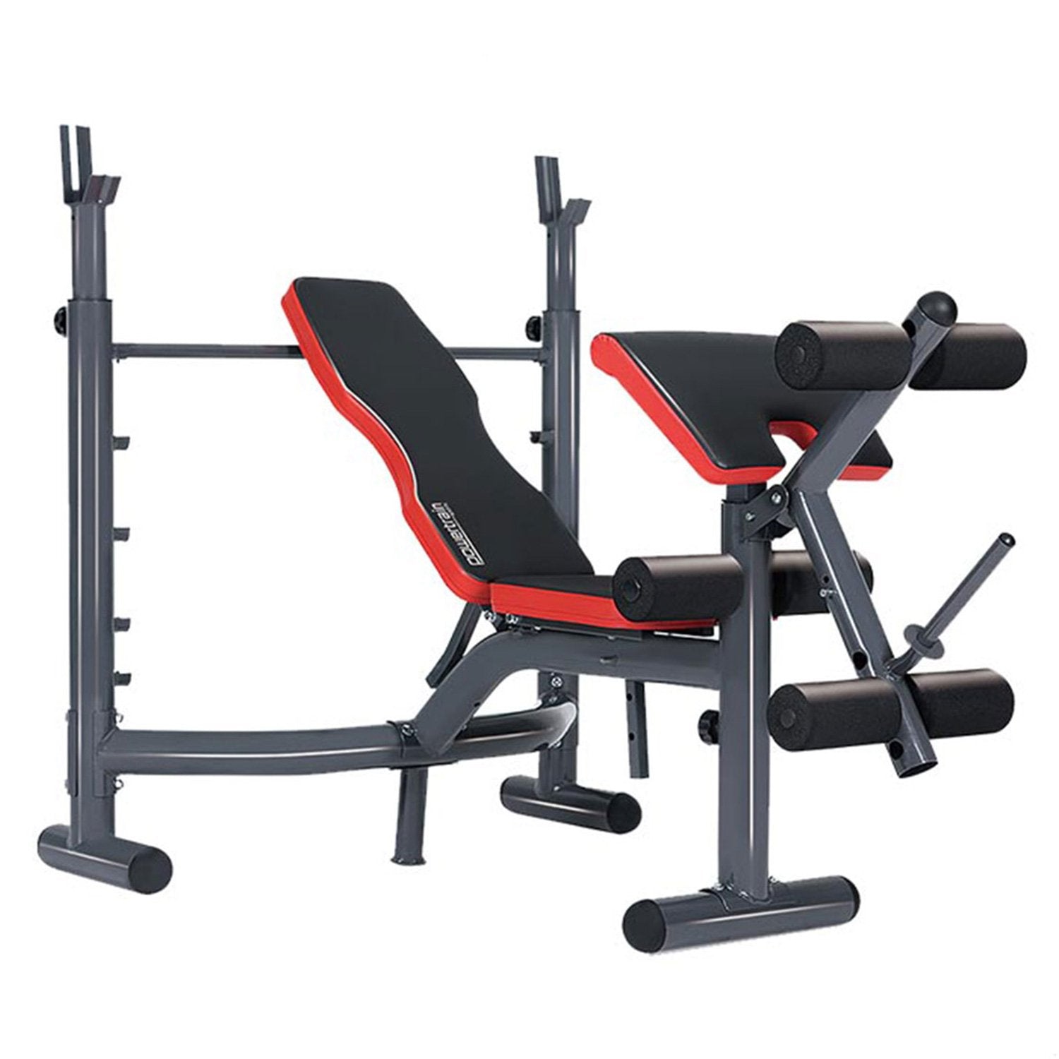 Adjustable weight bench with red and black padding for home gym workouts