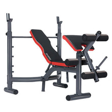 Adjustable weight bench with red and black padding for home gym workouts