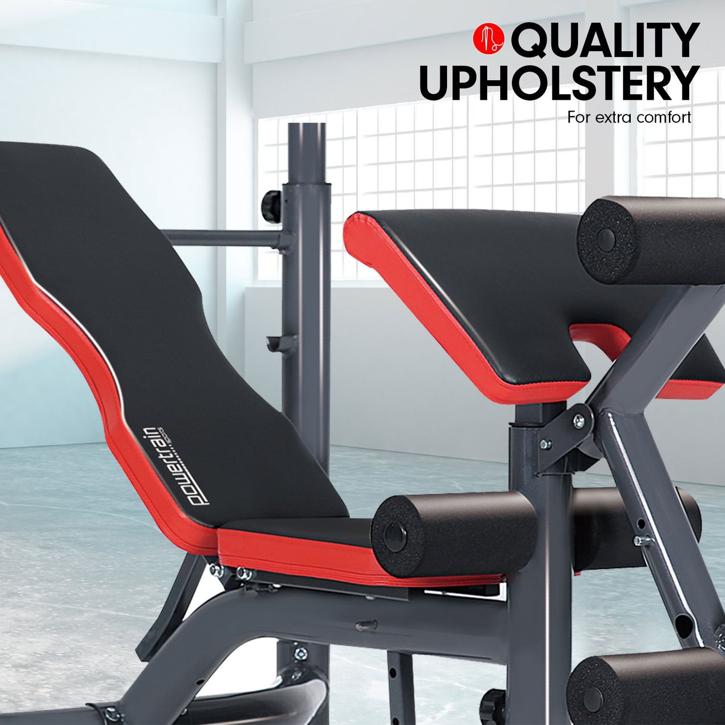 Red and black adjustable weight bench with quality upholstery for home gym comfort