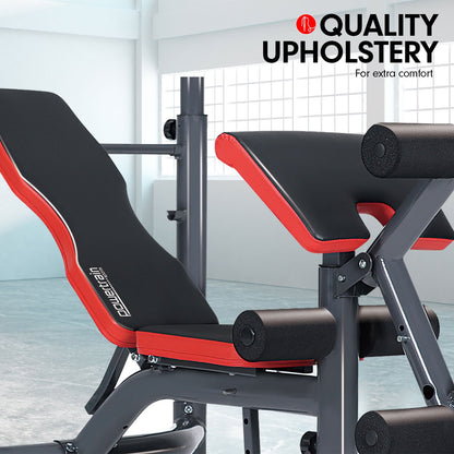 Red and black adjustable weight bench with quality upholstery for home gym comfort