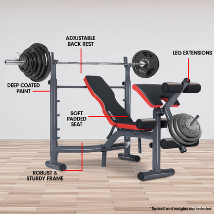 Adjustable weight bench with padded seat, leg extensions, and sturdy frame for home gym workouts