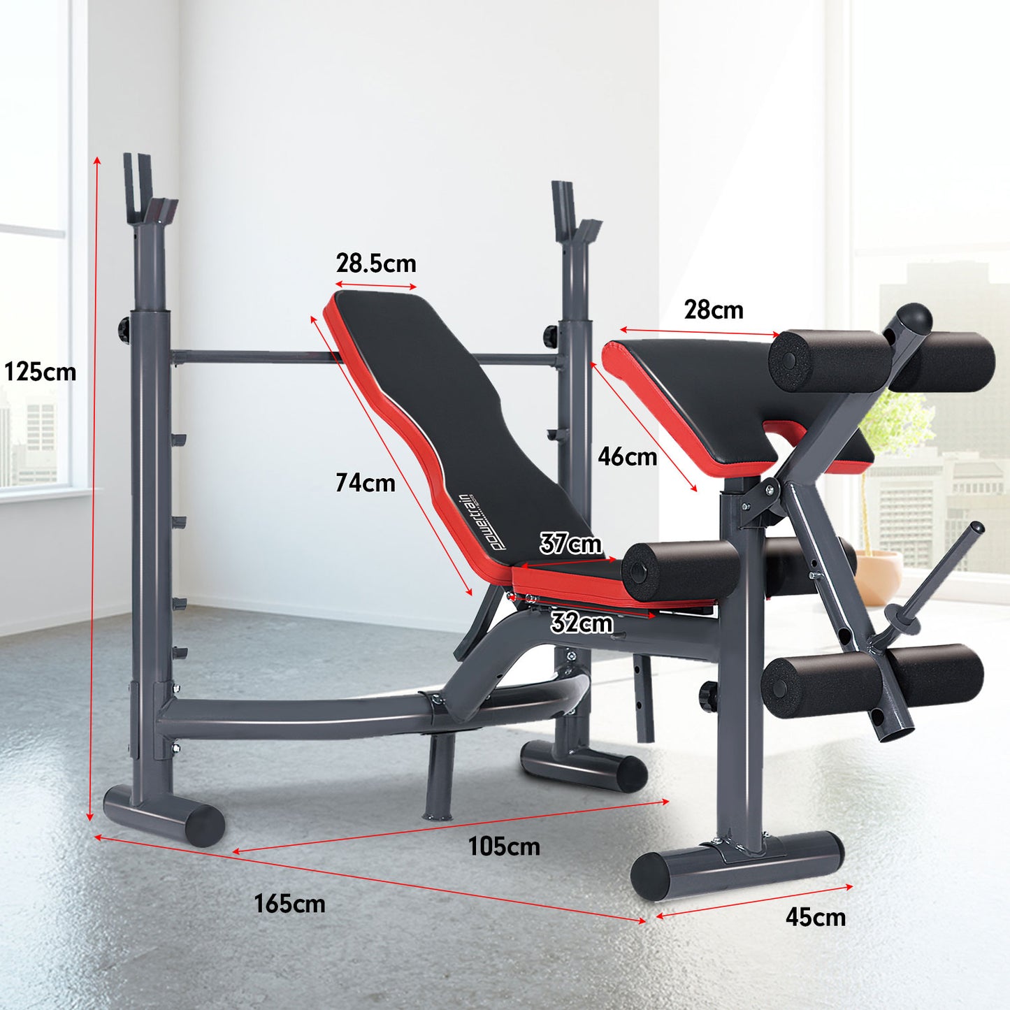 Adjustable weight bench with squat rack, red and black padding, dimensions shown for home gym use