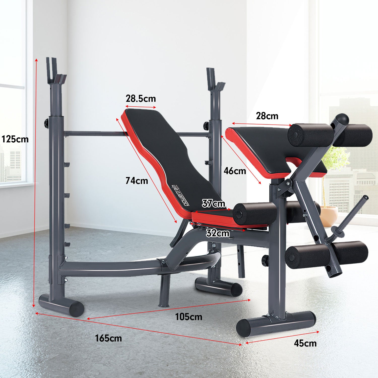 Adjustable weight bench with squat rack, red and black padding, dimensions shown for home gym use