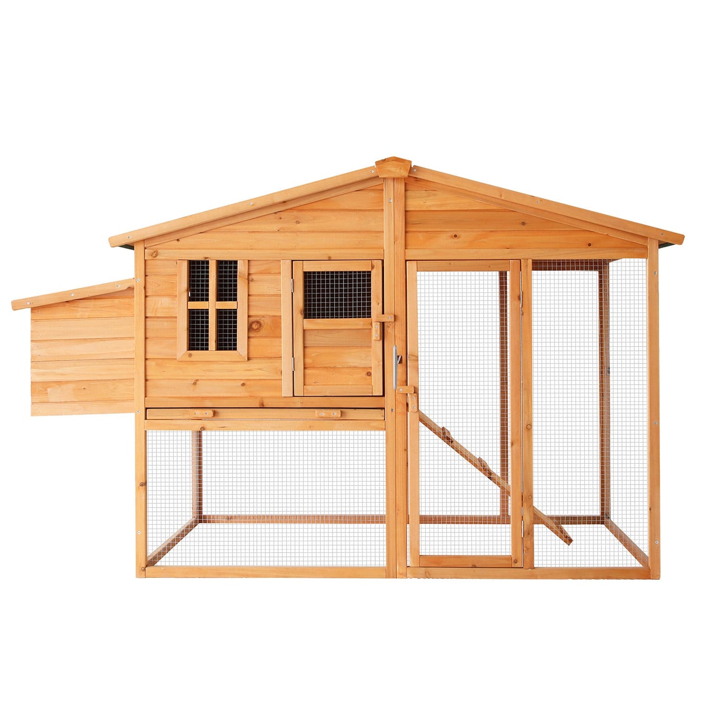 Wooden chicken coop with run, wire mesh, and nesting box for backyard poultry keeping