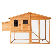 Wooden chicken coop with run, wire mesh, and nesting box for backyard poultry keeping