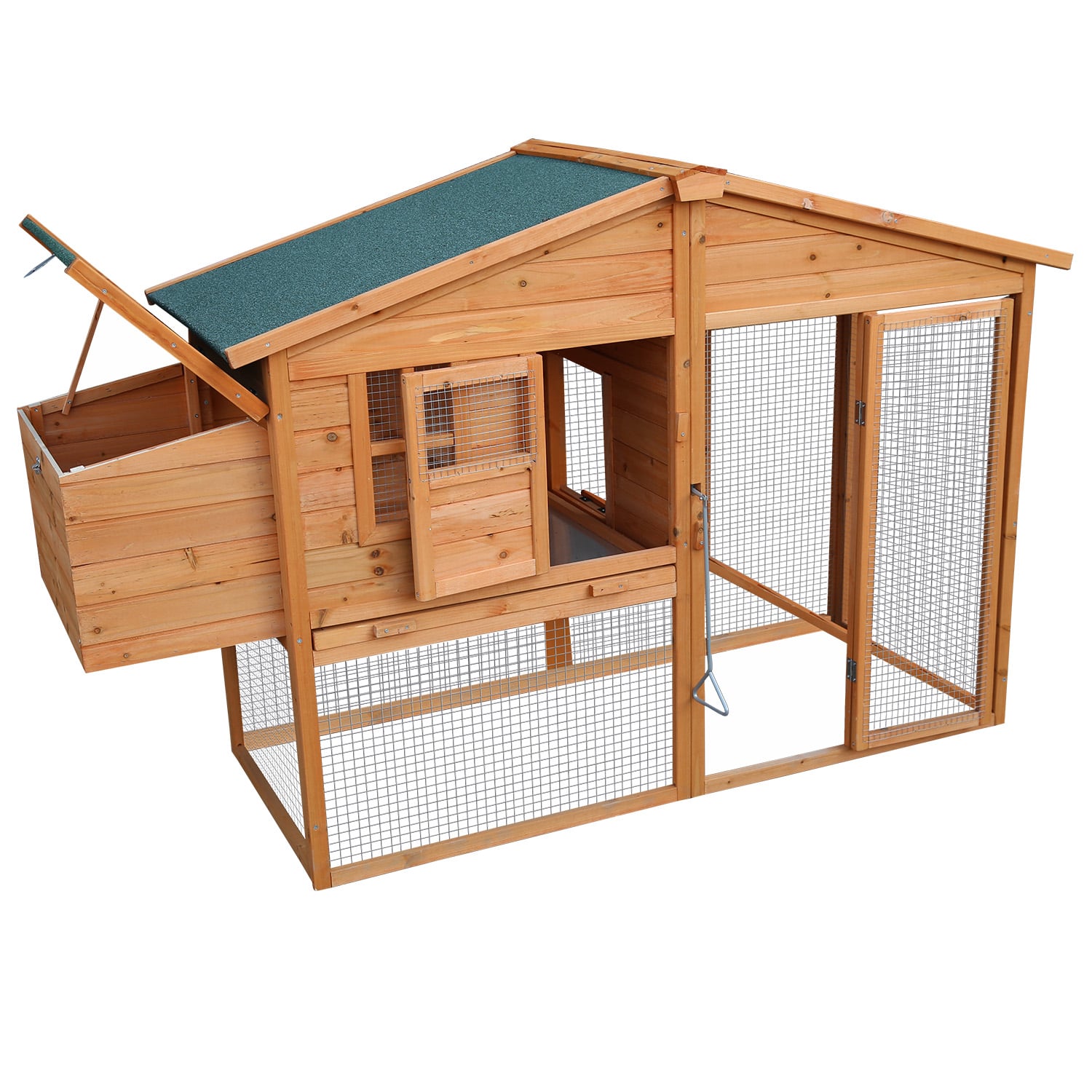 Wooden rabbit hutch with green roof and wire mesh enclosure for small pets