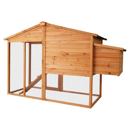 Wooden chicken coop with wire run and nesting box, ideal for backyard poultry keeping