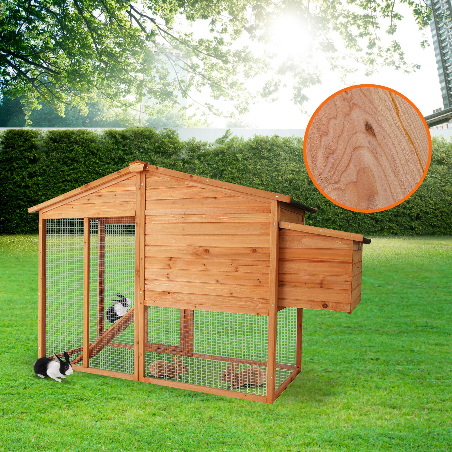 Wooden rabbit hutch with wire mesh, ramp, and nesting box for outdoor use in garden