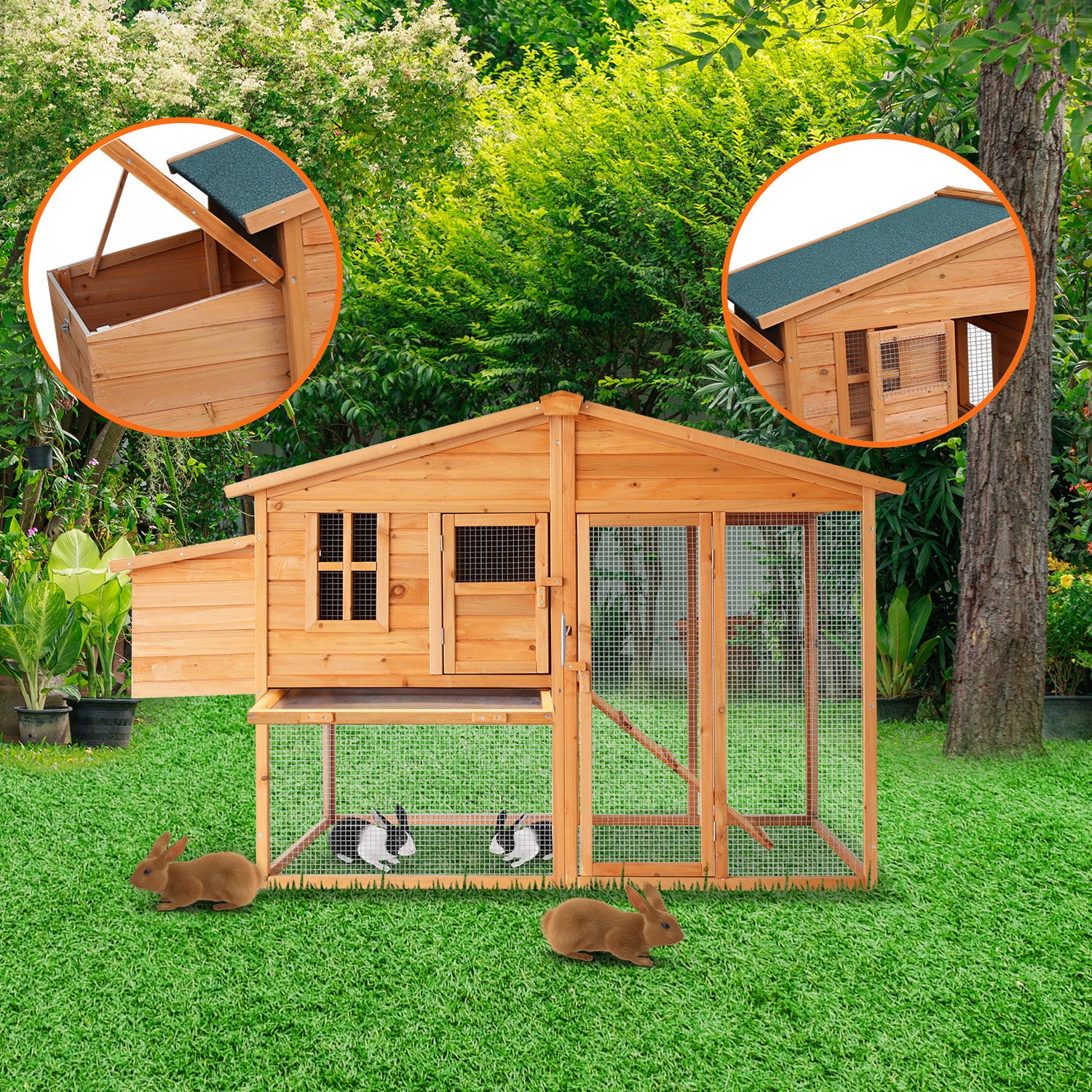 Wooden rabbit hutch with wire run, featuring lift-up roof & door, ideal for outdoor pet housing