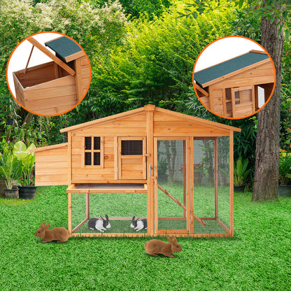 Wooden rabbit hutch with wire run, featuring lift-up roof & door, ideal for outdoor pet housing