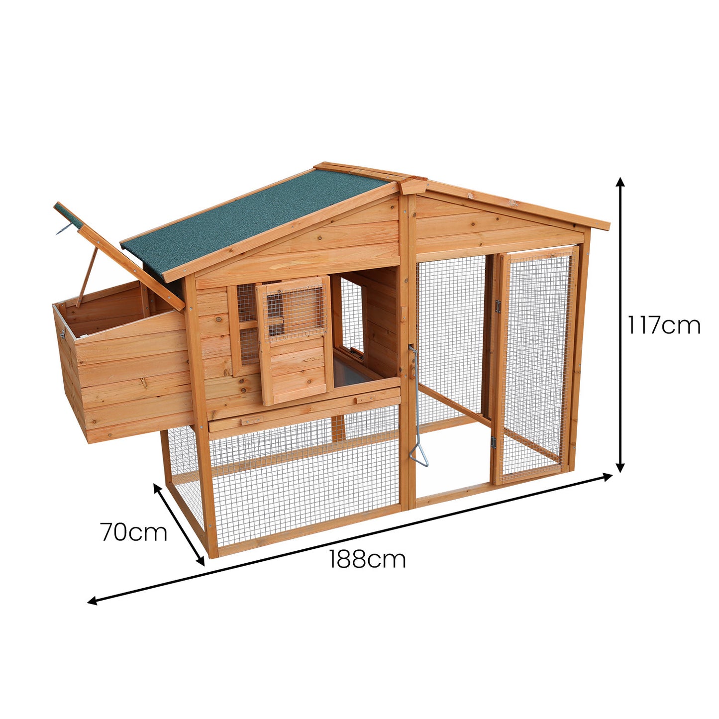 Large wooden rabbit hutch with wire mesh, green roof, and dimensions for backyard use