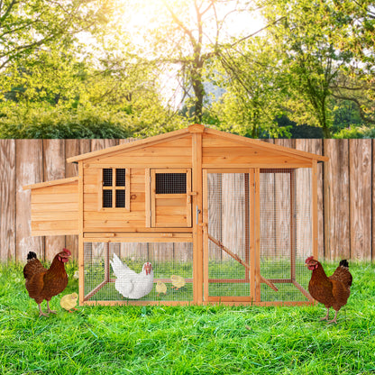 Wooden chicken coop with run, housing hens and chicks in sunny backyard garden