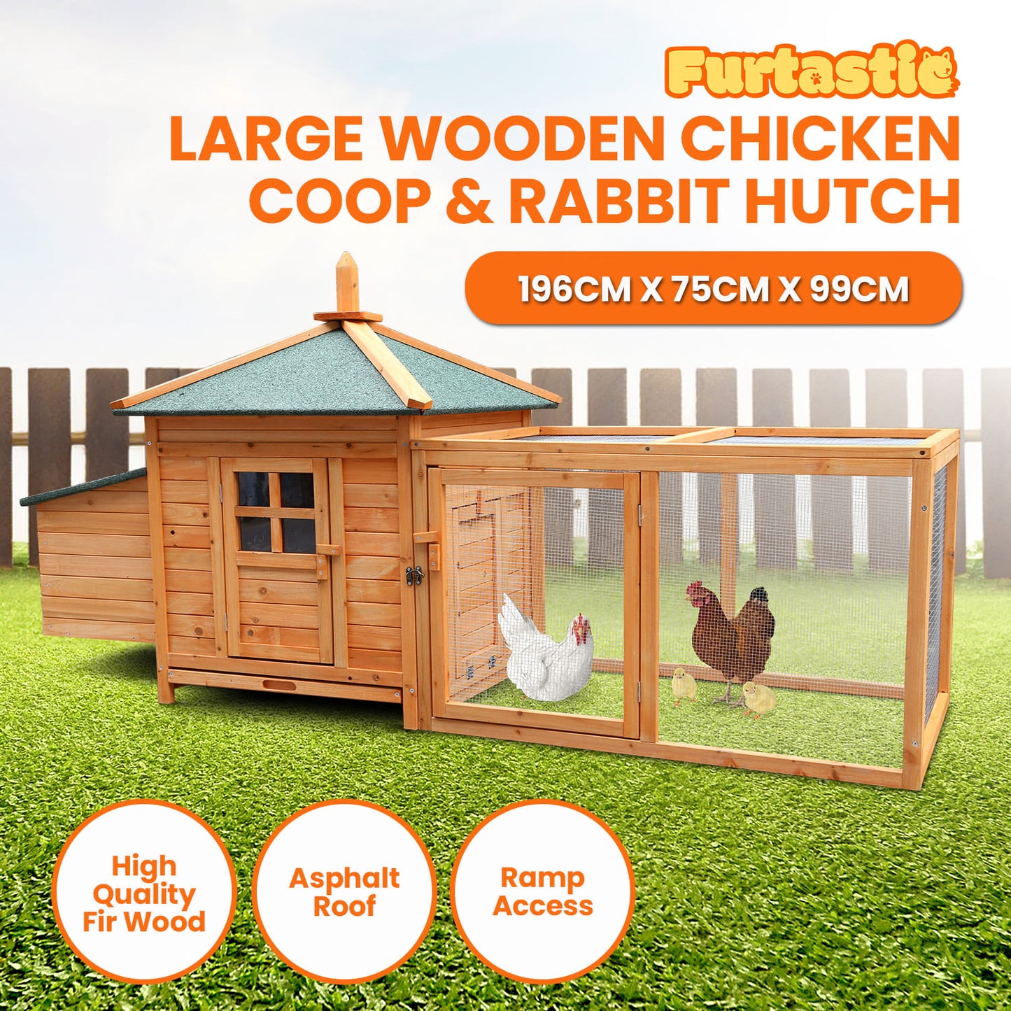 Large wooden chicken coop & rabbit hutch with asphalt roof, ramp access, and fir wood construction for backyard use