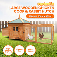 Large wooden chicken coop & rabbit hutch with asphalt roof, ramp access, and fir wood construction for backyard use