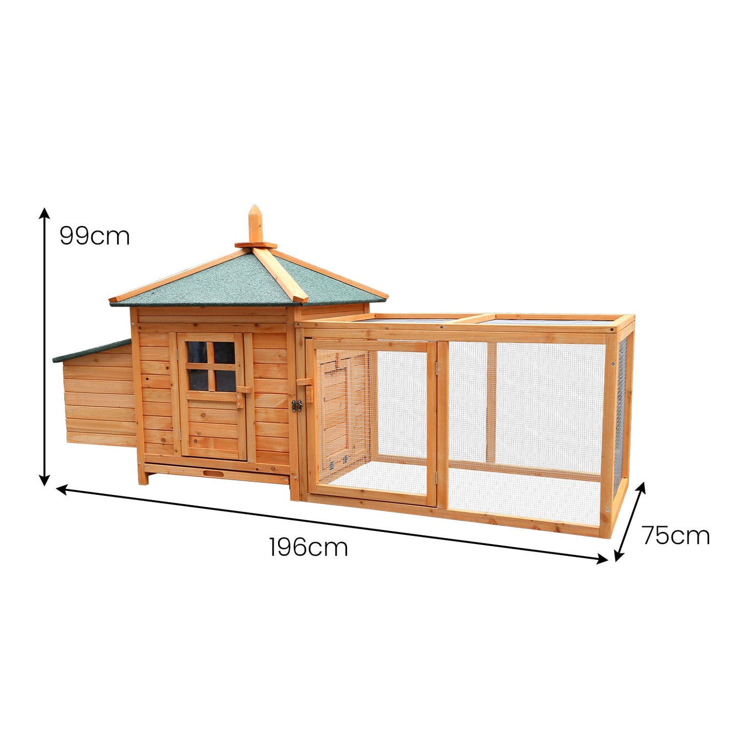 Large wooden rabbit hutch with run, 196cm x 99cm, green roof, wire mesh enclosure for outdoor pets