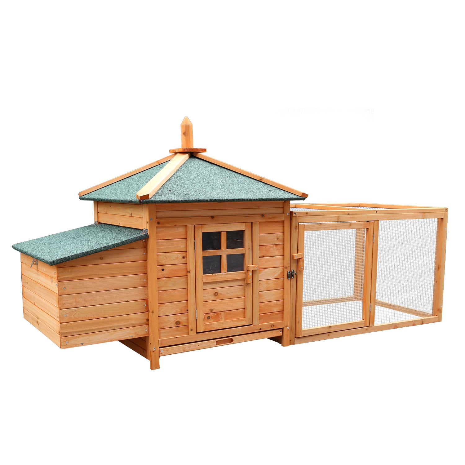 Wooden rabbit hutch with green roof and attached wire run, ideal for small pets
