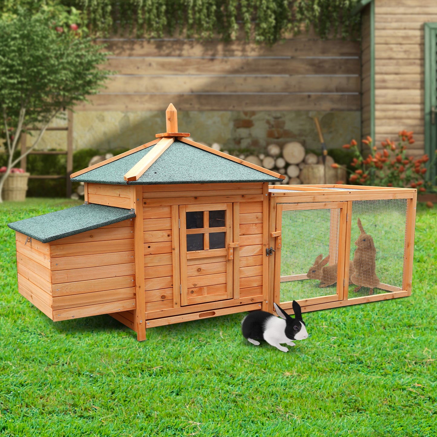 Wooden rabbit hutch with run, green roof, and wire enclosure for backyard pets