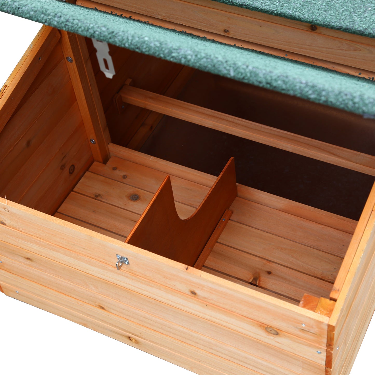 Wooden storage box with green lid and interior dividers for garden tools or outdoor gear