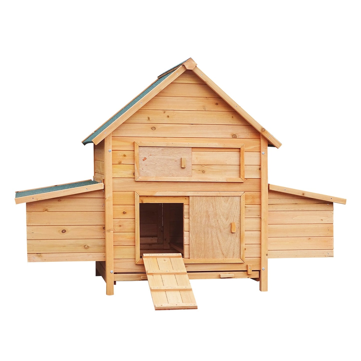 Wooden chicken coop with green roof, ramp, and nesting boxes for backyard poultry
