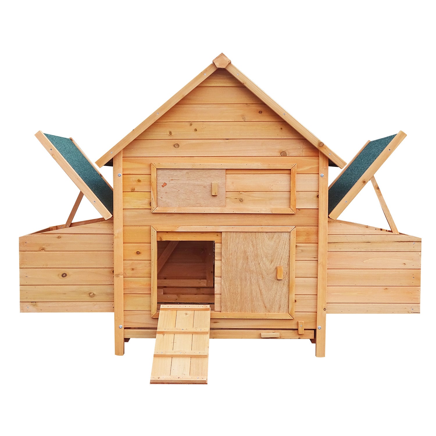 Wooden chicken coop with ramp, nesting boxes, and green roof panels for backyard poultry
