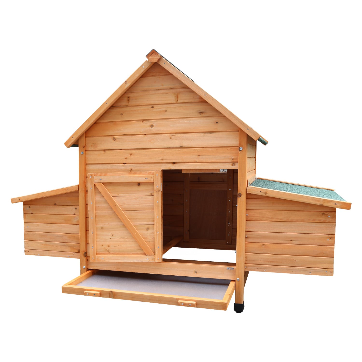 Wooden chicken coop with slanted roof, nesting box, and green ramp for backyard poultry keeping