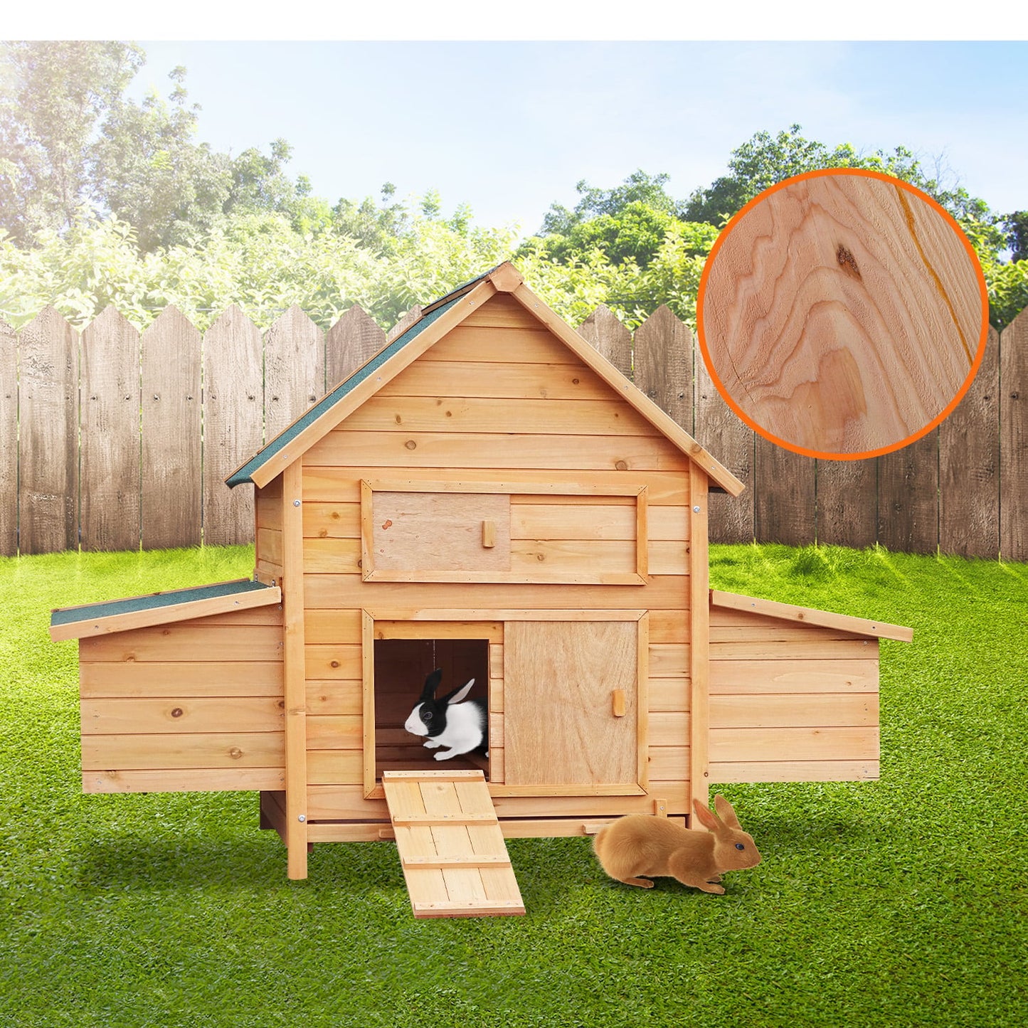 Wooden rabbit hutch with ramp, two bunnies, outdoor garden setting, natural wood grain detail